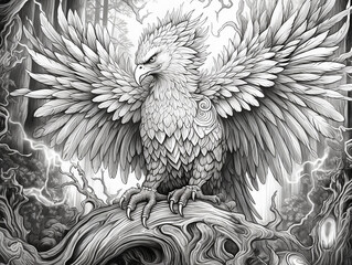 Poster - Oloring page for adults, strong mythological monster phoenix, strange trees, dangerous, highly detailed, perfect details, digital art,Generative AI