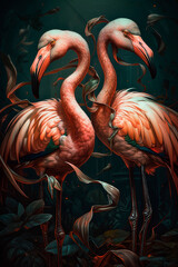 Wall Mural - A couple of flamingos standing next to each other. Generative AI