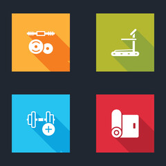 Sticker - Set Barbell, Treadmill machine, Dumbbell and Fitness mat roll icon. Vector