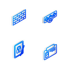 Poster - Set Isometric line Password protection, Firewall, security wall, Tablet with closed padlock and Identification badge icon. Vector