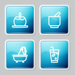 Sticker - Set line Aroma candle, Mortar pestle, Bathtub and Fresh smoothie icon. Vector