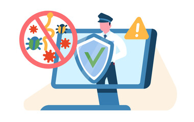 Computer security, protecting your computer from viruses and malware. Privacy information, access data confidential, network protection. Laptop software. Cartoon flat vector concept