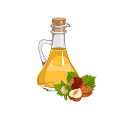 Sticker - Hazelnut oil in glass bottle isolated on white. Vector cartoon food illustration. 