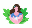 © Olga - Young woman, mother with a baby in her arms. Infant, maternity, newborn, Breastfeeding Day. Children's Day. Vector illustration on isolated background.