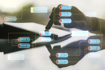 Wall Mural - multi exposure of abstract programming language hologram and hand working with a digital tablet on b