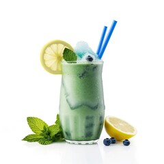 Blue Hawaii Cocktail decorated with lemon and blueberries on a white background. Design of invitations, postcards, signs. AI generated 