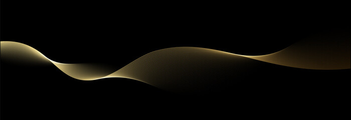 Abstract vector wavy lines flowing smooth curve gold gradient color on black background in concept of luxury, technology, science, music, modern.