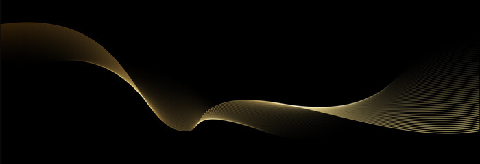 Abstract vector wavy lines flowing smooth curve gold gradient color on black background in concept of luxury, technology, science, music, modern.