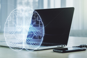 Wall Mural - creative artificial intelligence concept with human brain hologram on modern laptop background. mult