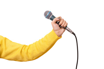 hand holding microphone isolated on transparent background