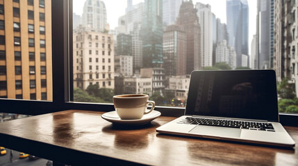 a coffee with a laptop near a window with bustling city view. Generative AI