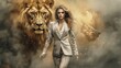 A powerful business woman with a lioness. Generative AI