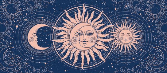 Magic astrology banner, tarot background. Crescent moon and sun with a face on a blue background with stars. Esoteric vector illustration, mystical pattern.