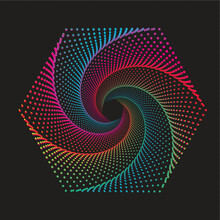 Abstract Pentagon With Halftone Dots Design. Vector Illustration Of The Colorful Dotted Hexagon Swirl On A Black Background. Beautiful Spiral Vortex Dots.