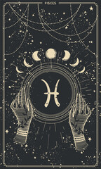 Wall Mural - pisces zodiac sign, astrology boho card, horoscope. two hands of a witch fortune teller, hand drawn 