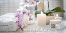 Spa And Wellness Setting With Orchid Flower, Candles And Towel. AI Generative.