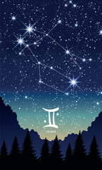 Wall Mural - gemini zodiac sign, constellation in the night sky, landscape vertical postcard for stories. templat