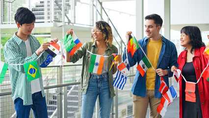 Poster - Multinational group with bunting flags. International exchange.