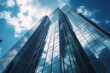 © Starmarpro - Reflective skyscrapers, business office buildings. Low angle photography of glass curtain wall details of high-rise buildings.The window glass reflects the blue sky and white clouds. Generative AI