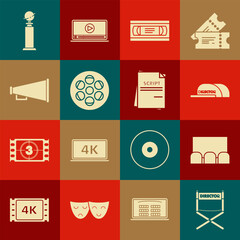 Sticker - Set Director movie chair, , Cap with inscription director, VHS video cassette tape, Film reel, Megaphone, Trophy Golden Globe and Scenario icon. Vector