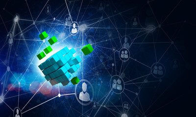 Wall Mural - concept of internet and networking with digital cube figure on dark background