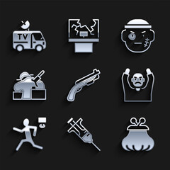 Sticker - Set Police shotgun, Syringe, Wallet, Thief surrendering hands up, Murder, Bandit and TV News car icon. Vector