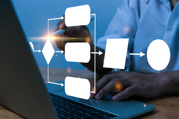 software engineer people hand working on laptop computer with digital flowchart database diagram, wo