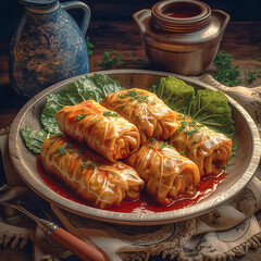 Wall Mural - Stuffed cabbage with rice on a rustic table. AI generativ.