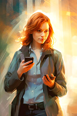 Wall Mural - Graphic representation of an attractive woman with a smartphone in her hand. AI generativ.