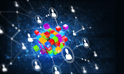 Wall Mural - concept of internet and networking with digital cube figure on dark background