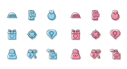 Sticker - Set line Handbag, Castle key in heart shape, Elegant women hat, Perfume, Heart the center of target aim, Female gender, Gift box and Online dating app chat icon. Vector