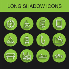 Sticker - Set line Bench, Walkie talkie, Compass, Wooden log, Pickup truck, Suitcase, Mountains and Fishing hook icon. Vector