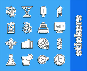 Sticker - Set line Music note, tone, Candy, Location Vip, Ice cream, Firework, Greeting card, and Cake icon. Vector