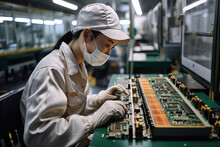 A Chinese Worker Sits Behind A Conveyor Belt Where Motherboards, Chips, And Processors Are Manufactured, Generative AI.