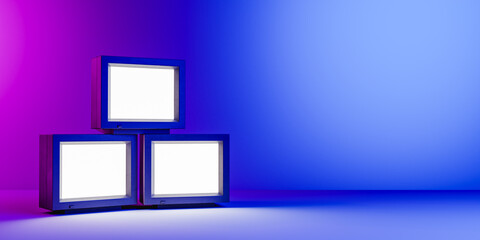 Three Retro television against neon background. 3d render