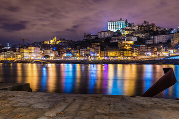 Poster - Evenieng view of Porto city, Portugal. View from river bank in Vila Nova de Gaia