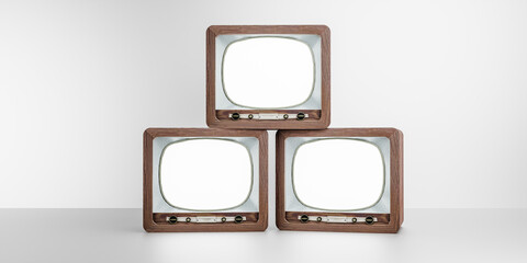 Three Old fashioned vintage brown television