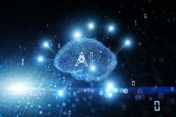 Futuristic ai network with human brain illustration background.