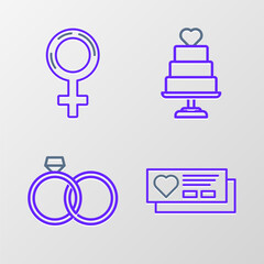 Poster - Set line Ticket with heart, Wedding rings, cake and Female gender symbol icon. Vector