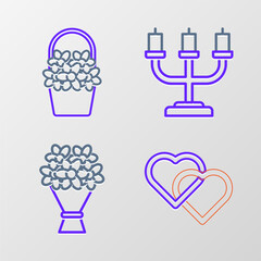 Canvas Print - Set line Two Linked Hearts, Bouquet of flowers, Candlestick and Flowers basket icon. Vector