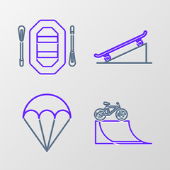 Canvas Print - Set line Bicycle on street ramp, Parachute, Skateboard and Rafting boat icon. Vector