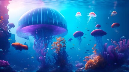 Immerse yourself in the awe-inspiring beauty of this futuristic underwater cityscape. Vibrant hues illuminate the depths as an array of colorful marine life gracefully swim through the water. Ai image