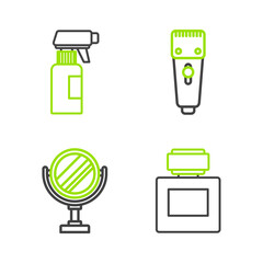 Wall Mural - Set line Aftershave, Round makeup mirror, Electrical hair clipper shaver and Hairdresser pistol spray bottle icon. Vector