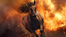 In A Breathtaking Display Of Courage And Strength, A Horse Charges Through Swirling Flames, Defying The Intense Heat With Unwavering Determination.