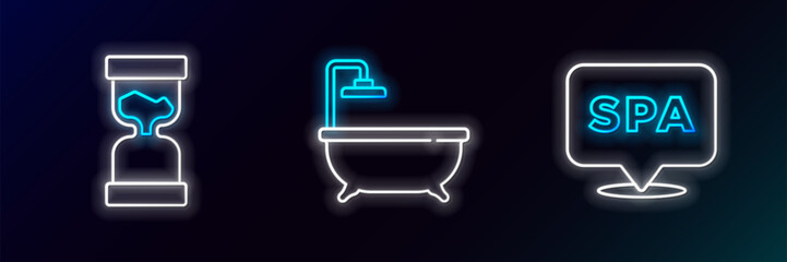 Poster - Set line Spa salon, Old hourglass and Bathtub icon. Glowing neon. Vector