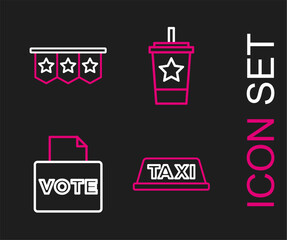 Poster - Set line Taxi car roof, Vote box, Paper glass with straw and Carnival garland flags icon. Vector