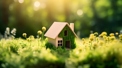 Eco house. Green and environmentally friendly housing concept. Miniature wooden house in spring grass, moss and ferns on a sunny day