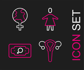 Sticker - Set line Female reproductive system, Money growth woman, and Feminism in the world icon. Vector