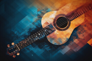 Abstract background illustration of a acoustic guitar with grunge noise and colorful texture. Music industry theme. Generative AI