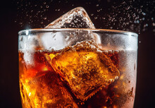Close Up Shot Of A Fresh Glass Of Cola With Ice And Droplets